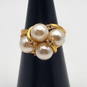 Vintage 14K Gold Electroplated Faux Pearl & Rhinestone Ring (6.25)